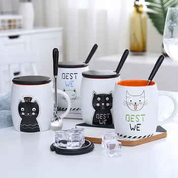 

Creative Cute Cat Milk Mugs Simple Ceramic Cup with Lid Spoon 450ml Large Capacity Household Milk Juice Mugs Office Coffee Cups