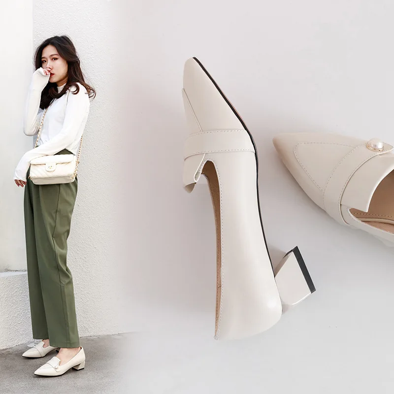 

2019 Spring New Style Europe And America Full-grain Leather Shallow Mouth Single Shoes Chunky-Heel Semi-high Heeled Pointed-Toe