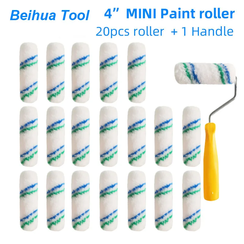 4Inch Paint roller brush 20PCS and 1handle Mini roller Paint brush Paint tools Polyester nap 10mm Corner painting tool