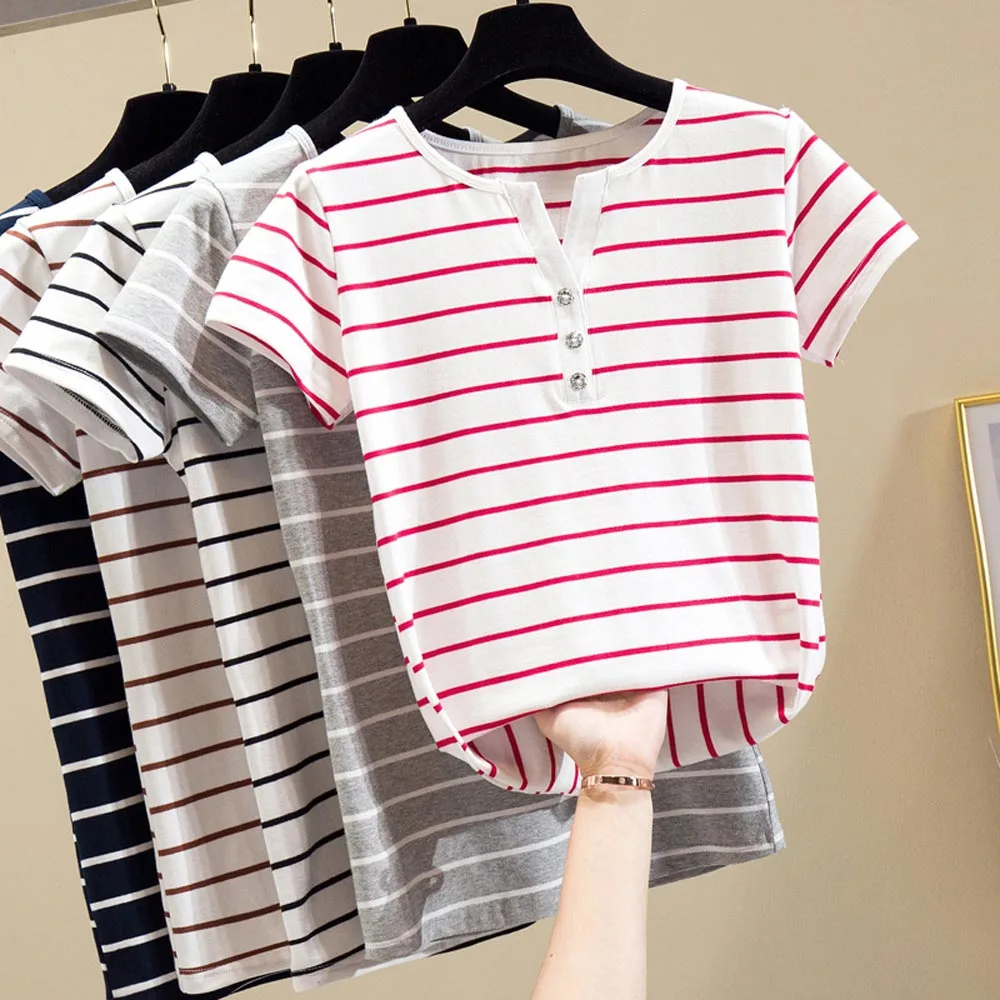 

Tops 2020 Summer Simple Striped T-Shirt Women Cotton Knitted OverSize V-neck Tee with Diamonds Button Kpop Casual Female Clothes