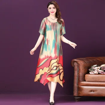 

New Summer Elegant Women Plus Size 5xl Long Dress Casual Print Vintage Dress Xxxxl Middle Aged Mother Lady Dresses