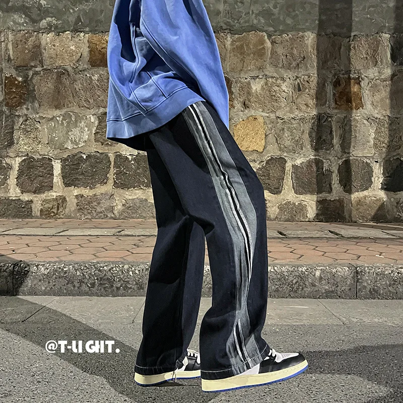 ICCLEK High Street Stitching Jeans Straight Wide-leg Jeans Autumn Men's Jeans Loose Casual Trousers Mens Jeans  Men Clothing