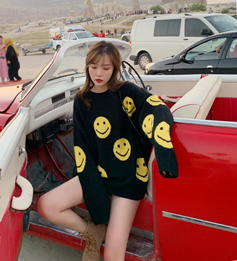 2019 Fall smiley face printed sweater oversized Women warm Pullover femme Winter casual long sleeve loose knitted Tops for women | Женская