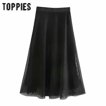 

2020 summer black Mesh yarn Skirts high waist midi skirts women a-line faldas korean streetwear