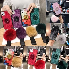 Чехол из ТПУ для samsung Not10Plus S10P для iPhone 11 Pro MAX 6 6splus 8Plus 7 Plus DIY держатель с кристаллами+ меховой шарик+ ремешок чехол для телефона