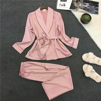 

New Women Silk-Like Pajamas Lapel Leisure Silk Household Clothing Sexy Nightgown Nightgown Trousers Belt сексуальное белье