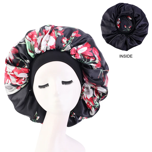New Women Big Size Beauty print Satin Silky Bonnet Sleep Night Cap Head Cover Bonnet Hat for For Curly Springy Hair Black 408F Black