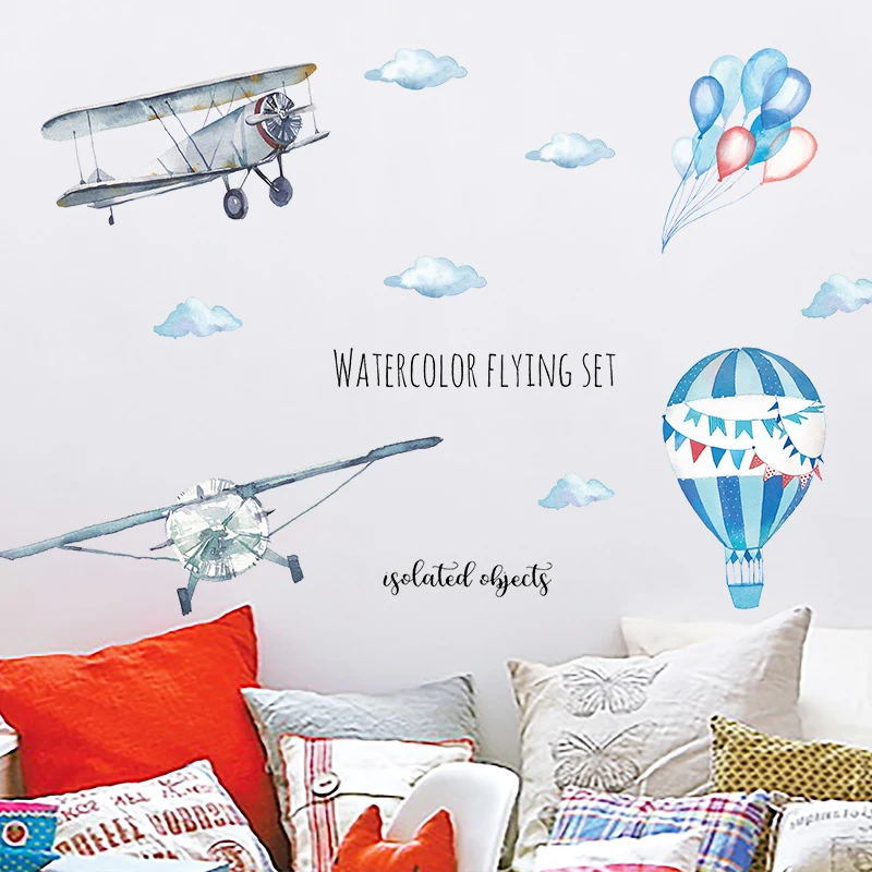 Large Watercolor Hand-painted Airplane Balloon Children Room Wall Stickers for Kindergarten Wall Decor Plane Flying room mural