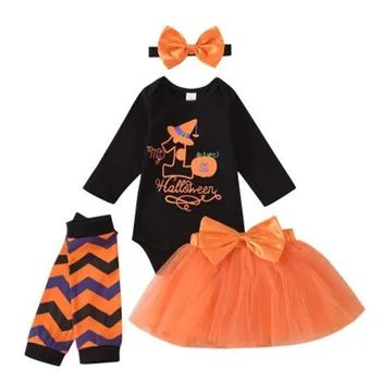 

0-18M 5 Pcs Newborn Girls Halloween Outfits Infan Romper Bow Mesh Skirt Headband Striped Socks Baby Girls My First Halloween Set