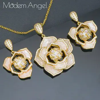 

ModemAngel Luxury Flower Necklace Earring Jewelry Sets For Women Wedding Indian Dubai Bridal Cubic Zirconia Jewelry Sets