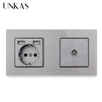 

UNKAS Gray Crystal Glass Panel EU Standard Electric Socket With 2 USB + Female TV Connector 172 * 86mm Enchufe Pared Grey