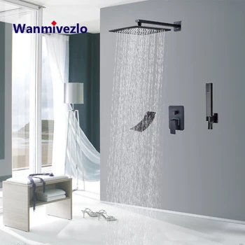 

Black Black Concealed Shower Faucets Set Brass Rainfall Shower Head Single Handle Mixer Tap Bathroom Shower Mixer Tap Handshower
