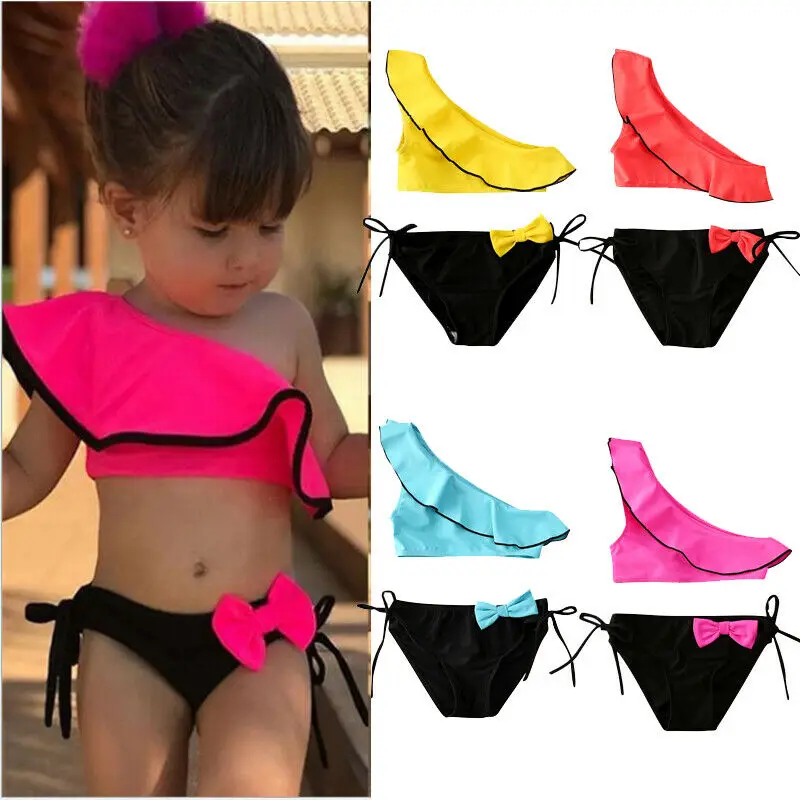 

Fashion 4 Color Baby Girl Solid Swimwear Oblique Shoulder Vest Bowknot Swimsuit Bathingsuit Summer 2PCS Set