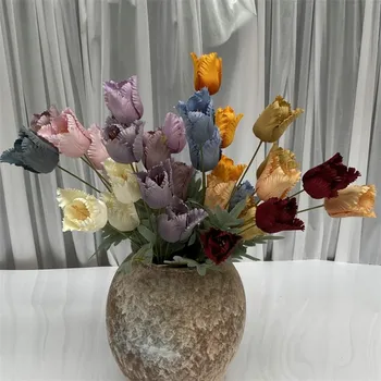 

7Pcs Fake Long Stem Parrot Tulip (3 heads/piece) 24.8" Length Simulation Dutch Flower for Wedding Home Artificial Flowers