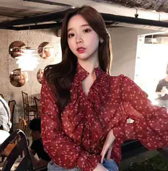 

Autumn new floral v-neck chiffon blouse women long sleeve shirt falbala super sweet fairy brim loose cover the belly