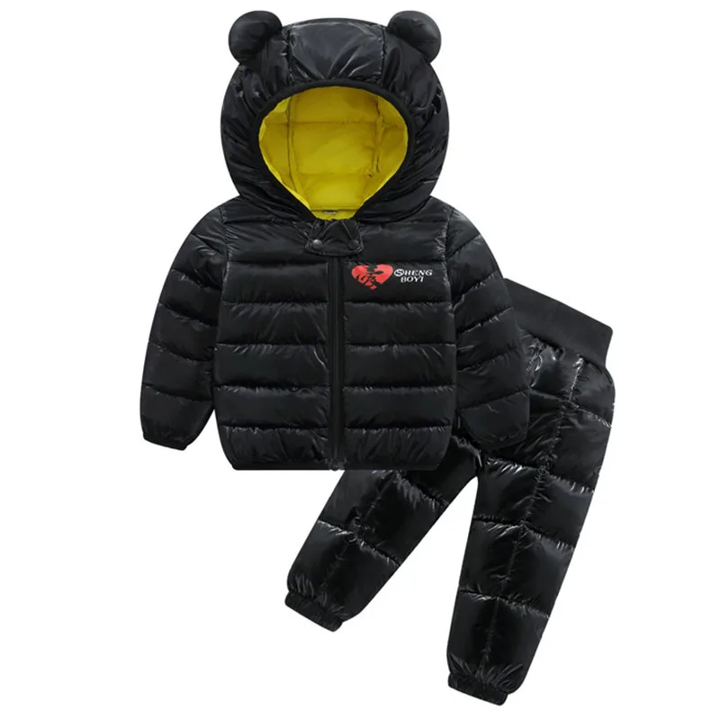 Зимние Для детей пальто Костюмы комплекты теплой подкладкой куртки-пуховики для девочек, хлопок куртка с капюшоном, пальто+ спортивные штаны, 2 предмета детский зимний комбинезон, 2 шт - Цвет: XS650-Black