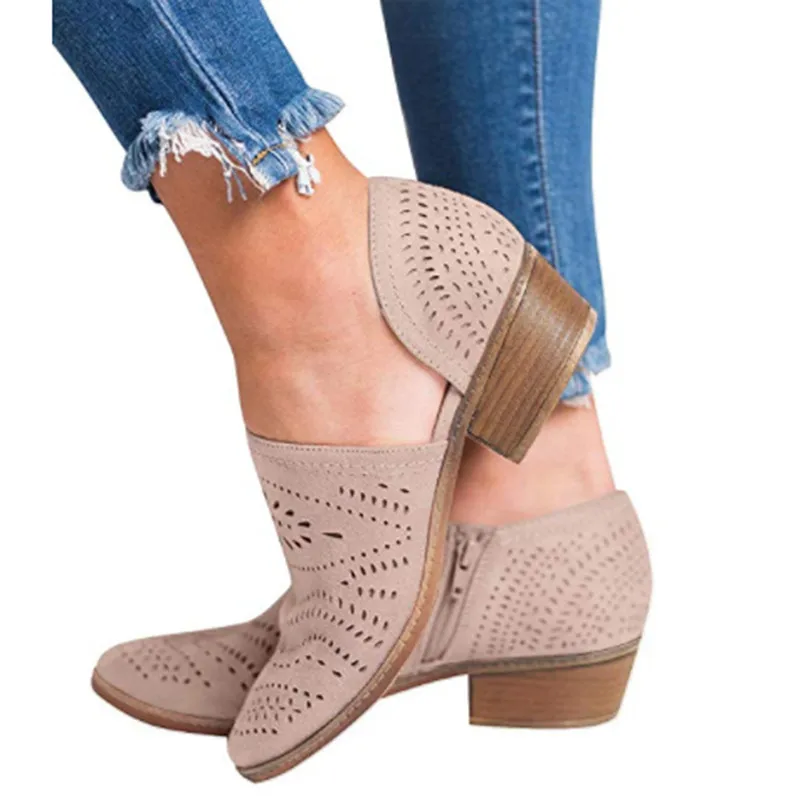 Botas de tacón bajo para mujer, botines de plataforma de cuero PU ahuecados, para primavera y verano, 2021