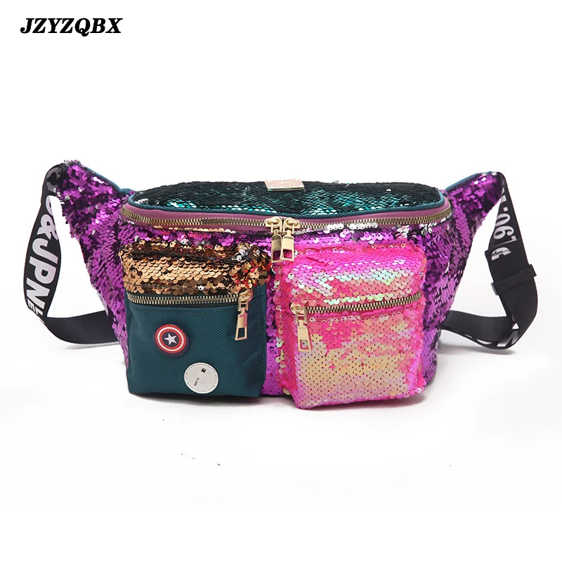 

JZYZQBX Double Color Sequins Waist Pack Multiple Pockets Fanny Pack Banana Bag Woman Waist Bag Large Capacity Belt Bag