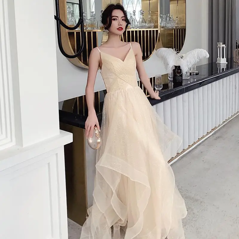 Женское элегантное вечернее платье с тонкими бретельками, Qipao, блестящее Сетчатое Формальное вечернее платье, сексуальное платье с v-образным вырезом, Robe De Soiree - Цвет: champagne long