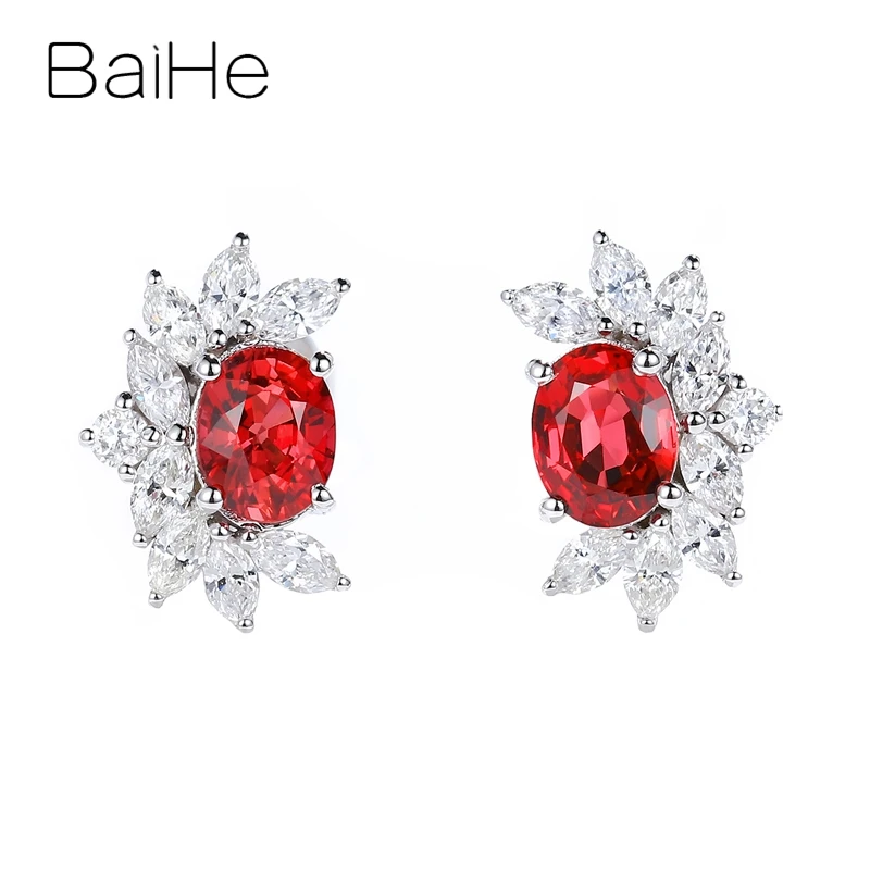 BAIHE, 14 карат, белое золото, 0.80ct, натуральный рубин, 0.44ct, H/SI, бриллианты, свадебные, для женщин, хорошее ювелирное изделие, рубис, серьги с бриллиантами