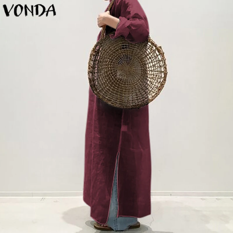 VONDA/длинное хлопковое женское платье макси со стоячим воротником и длинным рукавом на пуговицах, вечерние платья для беременных, осень, Vestidos