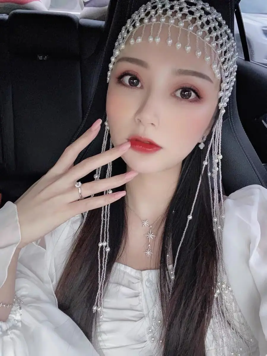 

Handmade Hollowed Pearl Tassel Forehead Headpiece Bridal Head Chain for Women Luxury Pearls Head Cap Hat Headband S1094
