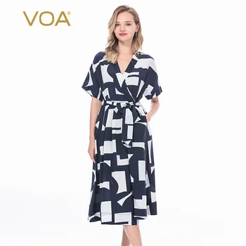 

VOA Abstract Printed Silk Wrap V-neck Raglan Short Sleeve Strap Waist Hugging Two-Color Optional Expandable Dress AJ61