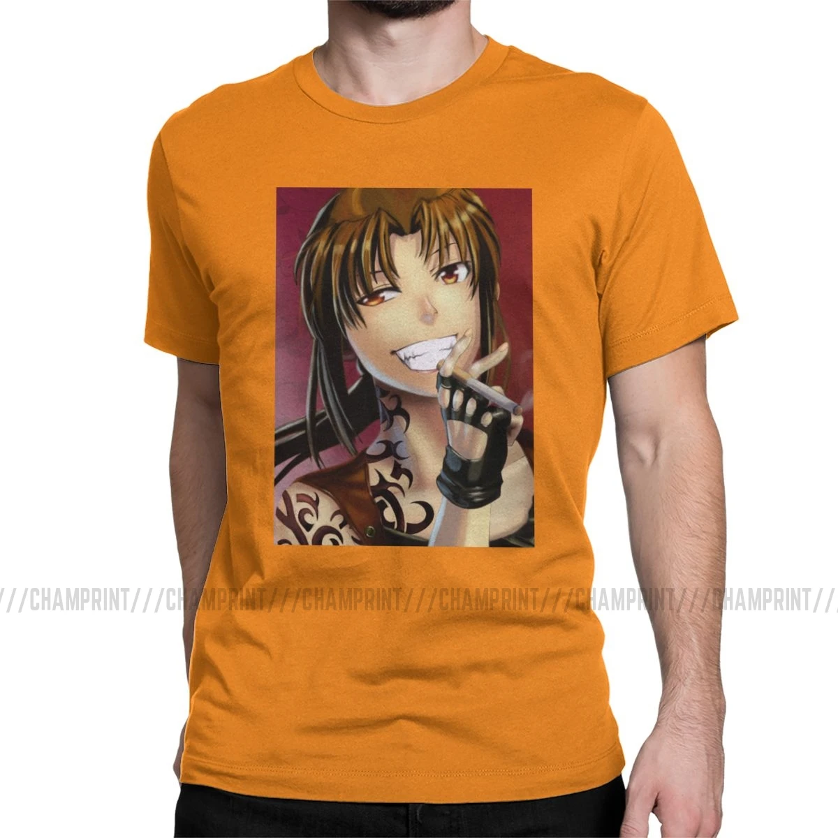 Винтажная Мужская футболка Badass Revy с круглым вырезом, хлопок, футболка Black Lagoon, аниме, короткий рукав, футболка размера плюс, одежда - Цвет: Оранжевый