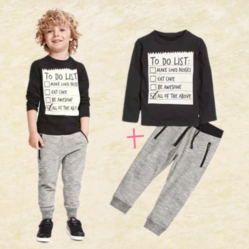 

1Set Toddler Boys Clothes Kids Baby Boy Long Sleeve Letter Handsome Black Blouse + Gray Pants Outfits Set Casual Clothes
