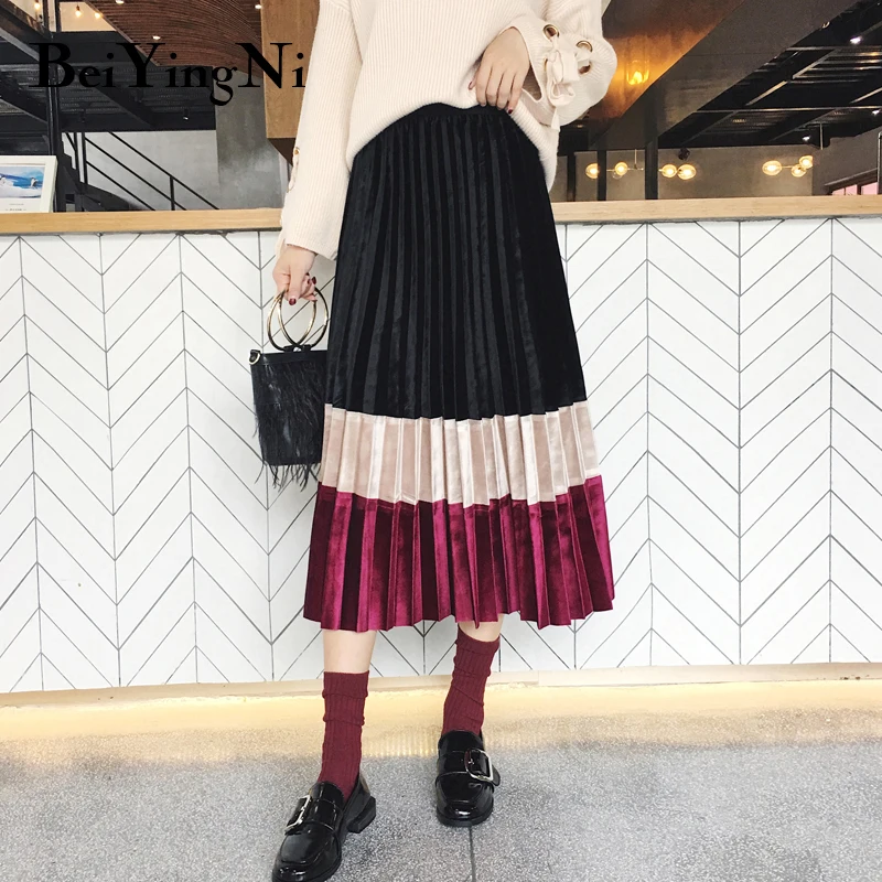 Beiyingni золотые бархатные женские юбки хит цвет Корейский осень зима модная плиссированная юбка миди Faldas высокая Талия Макси юбка