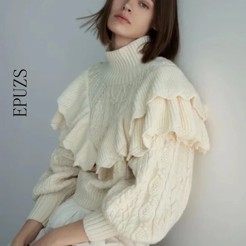 ZA 2021 winter Ruffles turtleneck Sweater Women Pullovers casual O Neck Long Sleeve Chic knitted sweater | Женская одежда