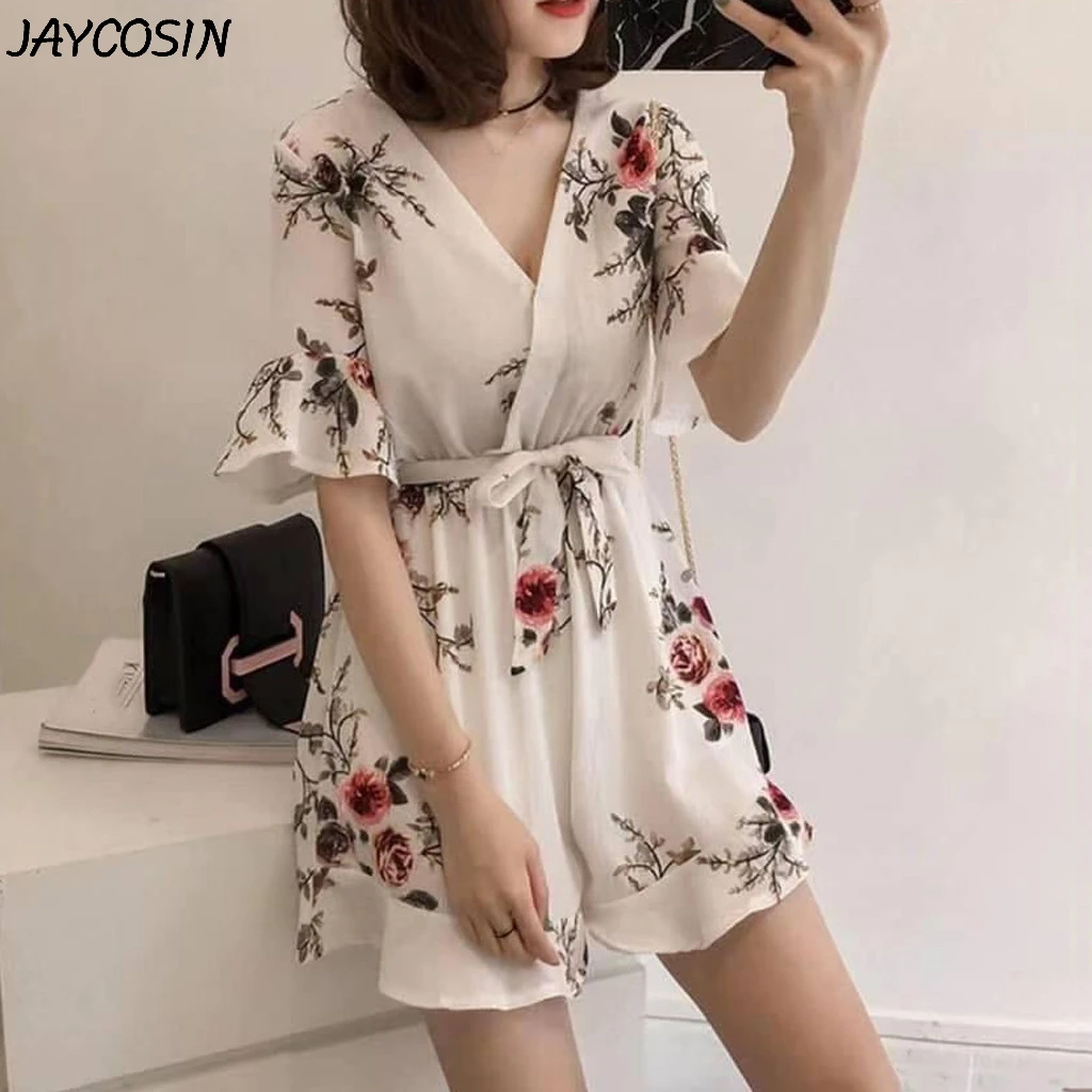 JAYCOSIN, летний женский комбинезон размера плюс, короткий, расклешенный рукав, v-образный вырез, бандаж, модный, Повседневный, свободный, с поясом, комбинезон, d19