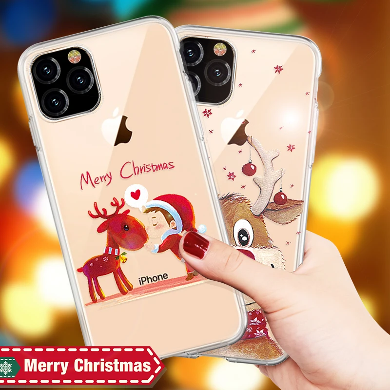 Transparent TPU Phone Case For iPhone 11 Pro Max Christmas New Year Gift Silicone Cover for Cartoon Pattern Capa |