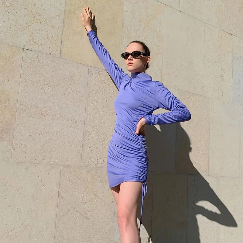 2020 Long Sleeve Ruched Bandage Sexy Mini Dress Autumn Winter Women Fashion Streetwear Outfits Party Wear