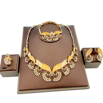 

Turkish Fashion Party Woman Jewelry Sets Leaf Necklace Bracelet Earrings Ring African Style Crystal Jewelry Accessories