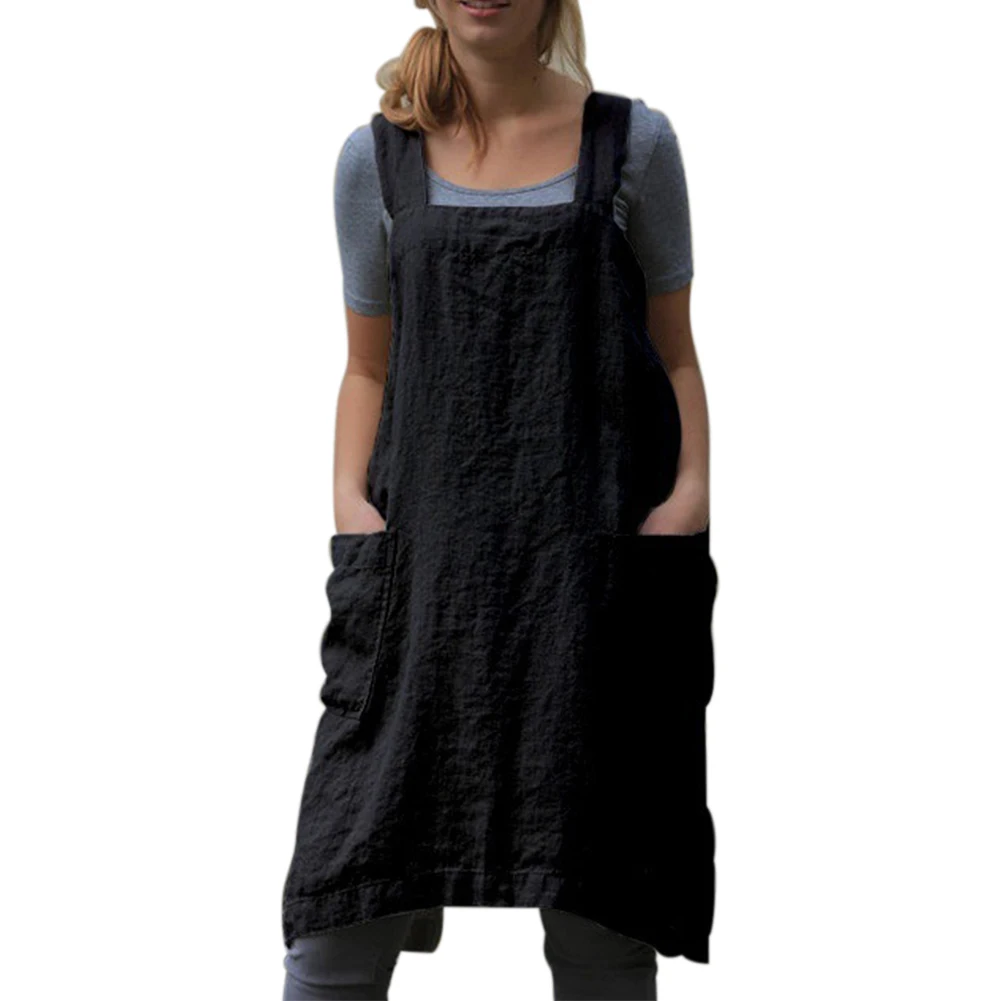 Women Bib Apron Kitchen Solid Florist Home Cooking Sleeveless Cotton Linen Cleaning Chef Household Baking Washable Pinafores