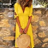 Autumn Summer New Women Deep V-Neck Dress Solid Casual Button Half Sleeve Beach Dress Elegant Fashion Party Long Dress Vestidos ► Photo 1/6