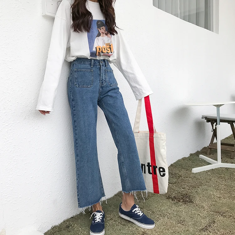 

Jeans Women Retro Vintage Pockets High Waist Ripped Loose Wide Leg Womens Jean Korean Style All-match Simple Daily Ankle-length