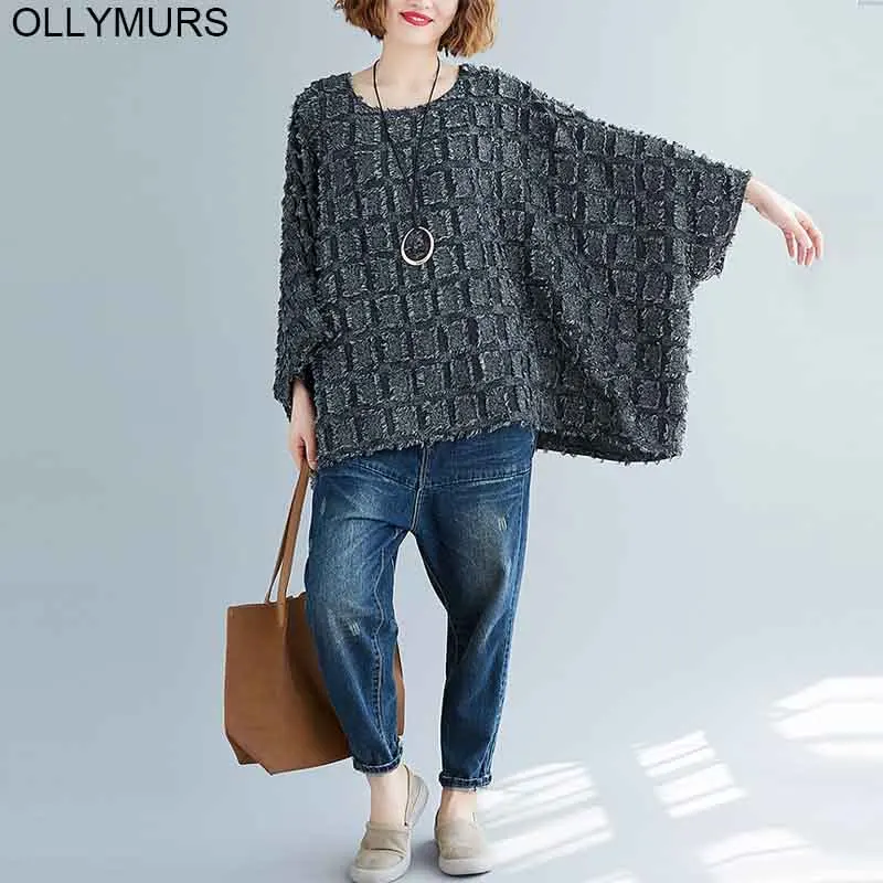 

Plus Size Women Sweatshirt Shirts Big Size Casual Tassel Patchwork Plaid Lady Tops Tunic Batwing Sleeve Loose Female Clothes 7XL