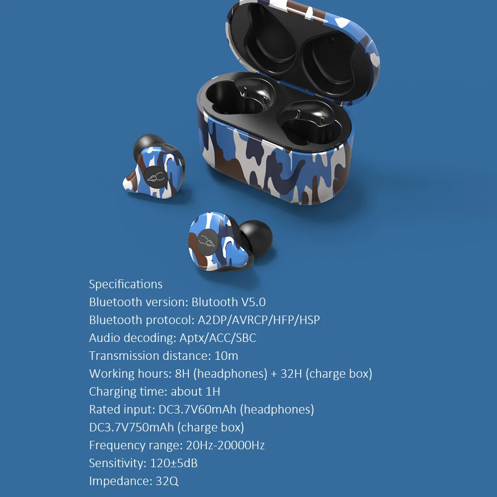 Наушники Sabbat E12, Bluetooth 5,0, гарнитура, камуфляжная, бинауральная, музыкальная, Спортивная, беспроводная, Bluetooth гарнитура с зарядным устройством