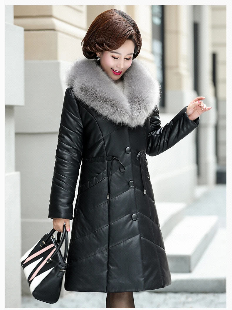 ASLTW XL-5XL размера плюс Длинная кожаная куртка женская новая зимняя куртка с меховым воротником из хлопка Женская однобортная куртка из искусственной кожи