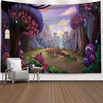 

Psychedelic Mushroom Forest Tapestry Fantasy Landscape Castle Tapestry Room Decoration Colorful Wall Covering