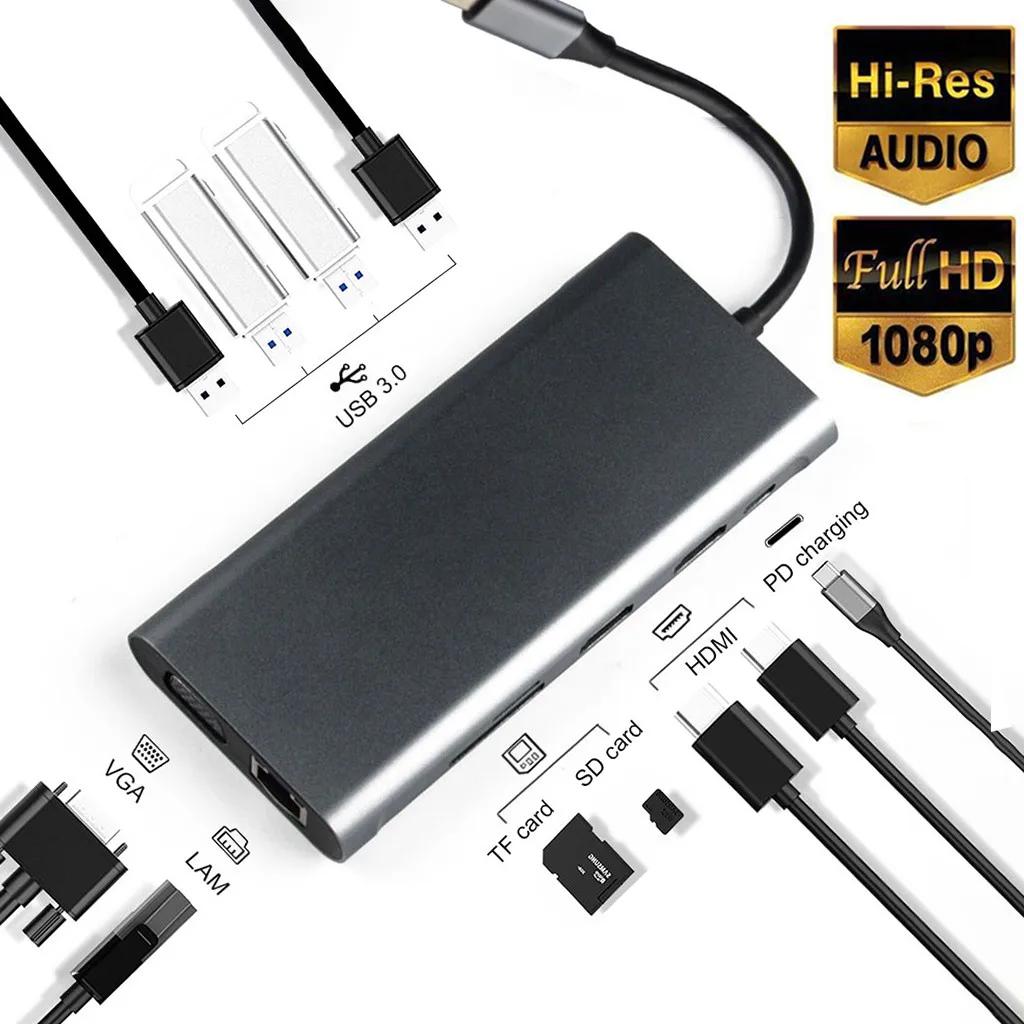 11 в 1 usb-хаб type C-двойной HDMI+ RJ45+ VGA type C-2 HDMI PD SD TF кардридер аудио VGA USB 3,0 usb-хаб