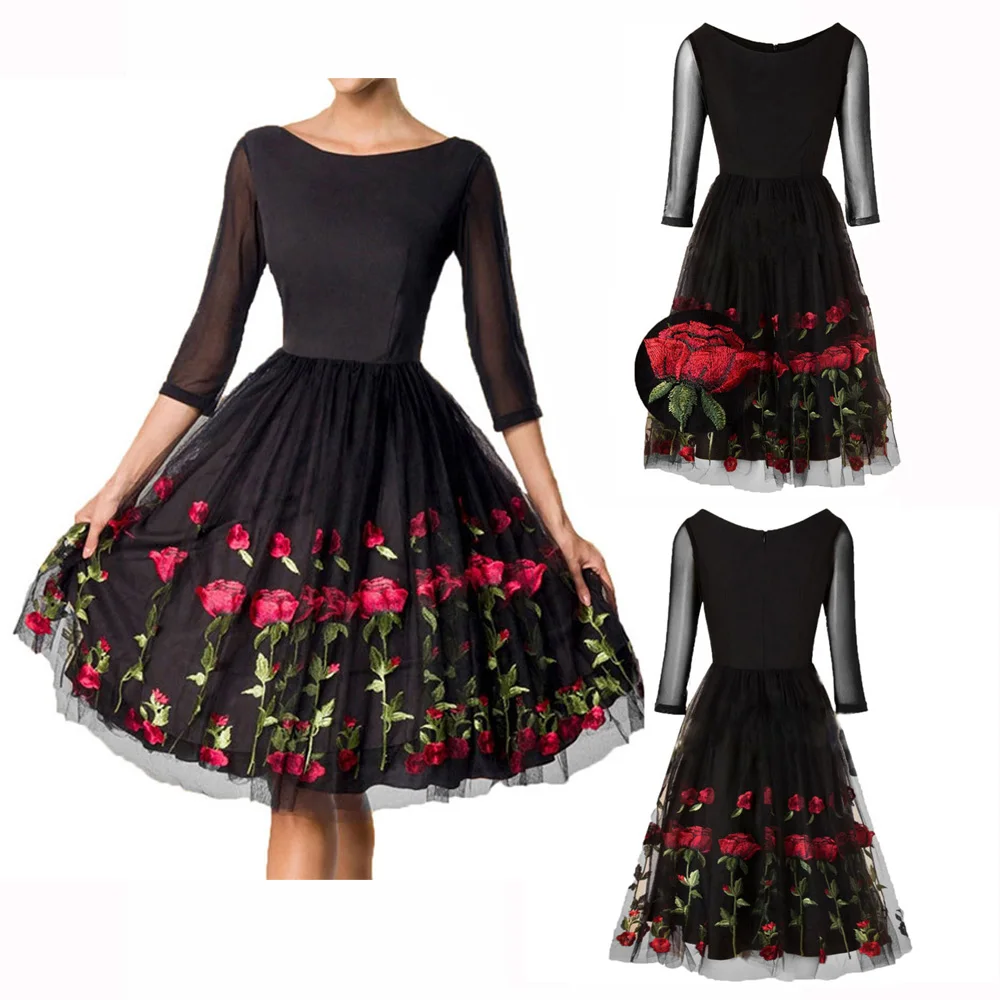 Женское вечернее платье с цветочной вышивкой, элегантное Сетчатое кружевное женское платье в стиле ретро, Черное вечернее винтажное платье на выпускной, Vestidos De Festa Robe