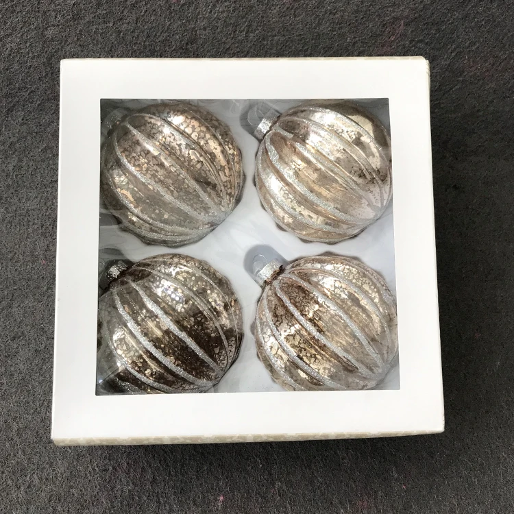 

Christmas tree decorations glass pendant shopping mall storefront layout ceiling 8cm melon grain on silver powder ball 4 Pack