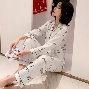 

Satin Silk Pajamas Set Woman Pyjamas Autumn Long Sleeve Trousers 2PCS Sleepwear Letter Print Home Clothes Female Nuisette Pijama