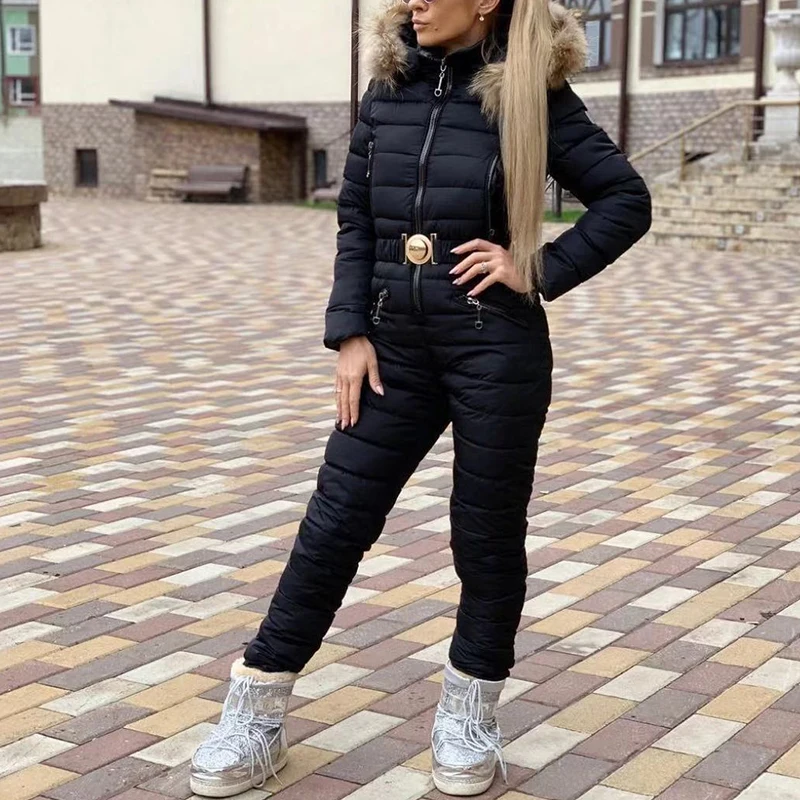 겨울 후드 점프수트 파카 플러스 사이즈 패딩 따뜻한 허리띠 스키복 스트레이트 지퍼 원피스 여성 캐주얼 트랙수트 1세트