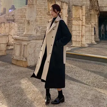 

2019 Trench Long Coat Button Women Double Breasted Hit Color Windcheater Cloak With Belt Turn-Down Collar Ladies Outerwear