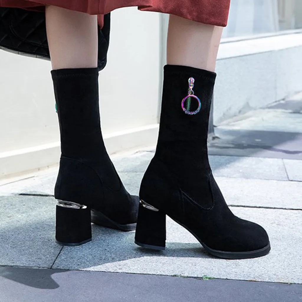 2020 new fashion solid color high heel women's shoes elastic velvet side zipper with suede women's boots