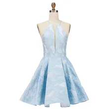 Изысканные небесно-Голубые Вечерние платья трапециевидной формы с бретельками на шее без рукавов с кружевным цветком длиной до середины икры вечерние платья для вечера встречи выпускников Вечерние